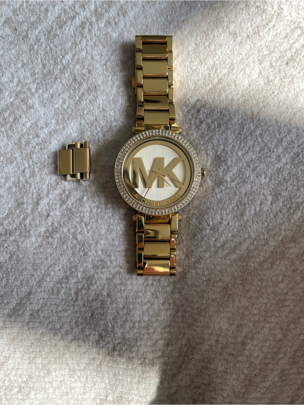 Michael Kors Gold-tone Crystal Accent MK Logo Bracelet Watch